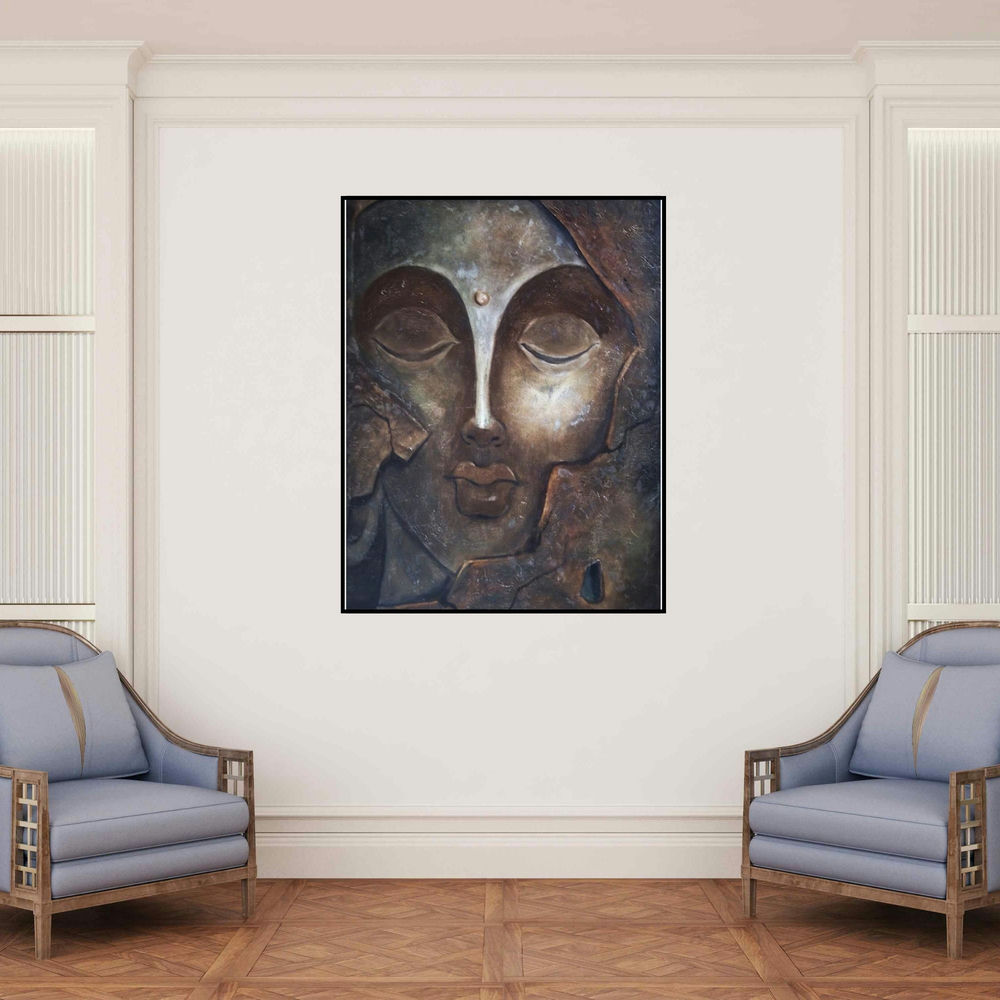'The Face I (Inner Peace)' painting by Manoj Muneshwar shown on a wall in a furnished room.