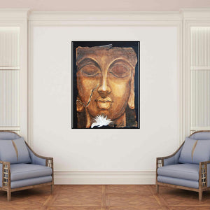 'The Face Ii (Buddha Timeless Serenity)' painting by Manoj Muneshwar shown on a wall in a furnished room.