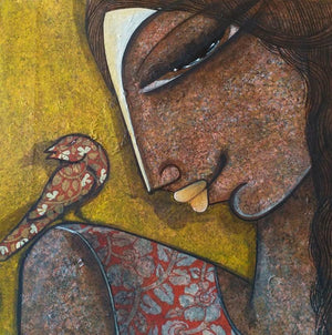 Face Series 6 (A Shared Moment) by Nabanita Konar, Original Mixed Media Figurative Painting on Canvas, X-Small Square Wall Art