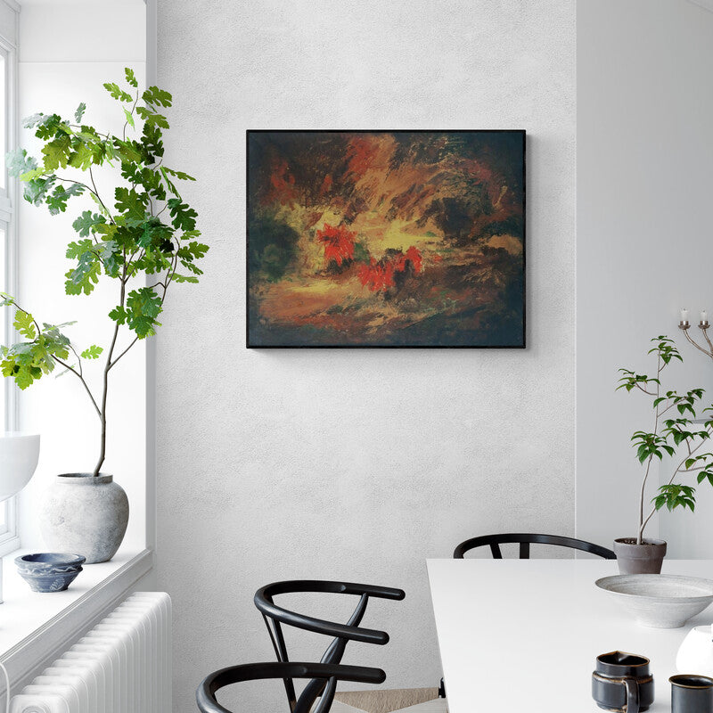 Sanjay Akolikar's painting 'Facing The Black (Ephemeral Bloom)' displayed in a modern living room setting