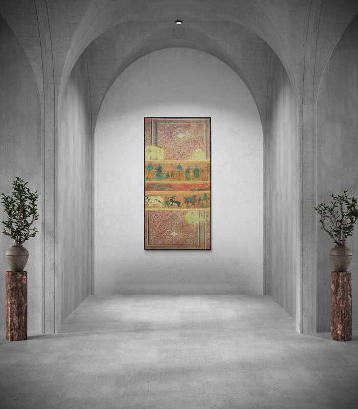 Preview of 'Faded Wall 1 (Persian Tapestry)' Painting by Krishnal Fulwala shown on a wall in a furnished room.