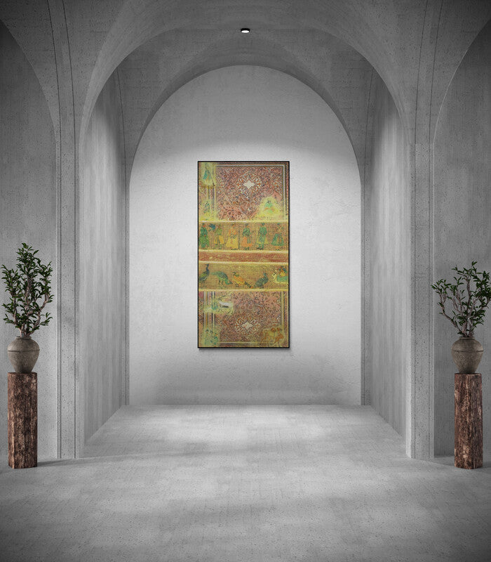 Krishnal Fulwala's painting 'Faded Wall 2 (A Tapestry of Time)' displayed in a modern living room setting