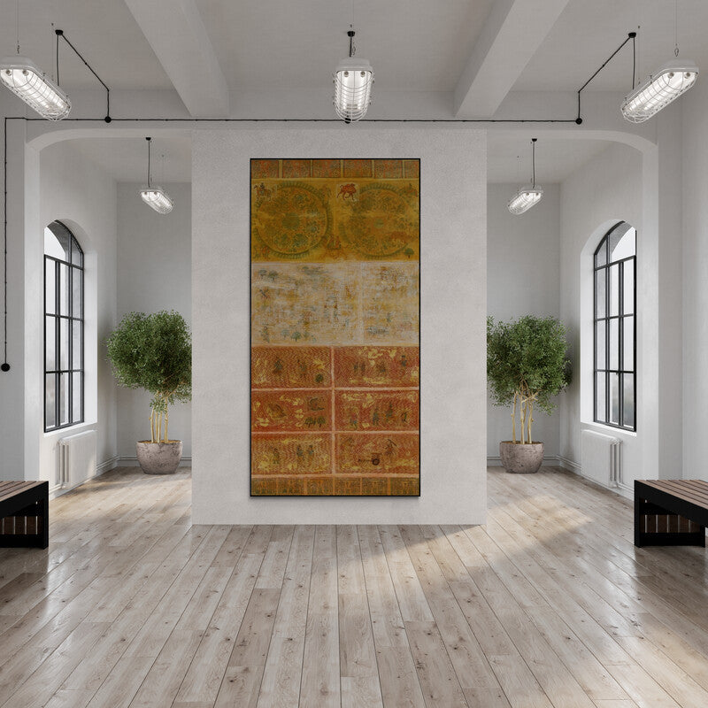 Preview of 'Faded Wall 4 (Fragments of Time)' Painting by Krishnal Fulwala shown on a wall in a furnished room.