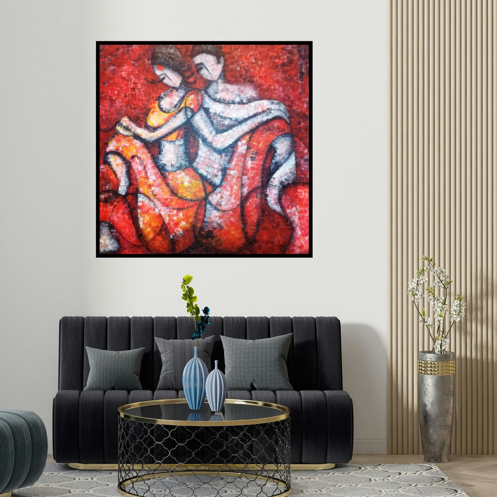 Sarang Singla's 'Fahrenheit' painting visualized above a sofa in a contemporary room.