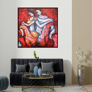 Sarang Singla's 'Fahrenheit' painting visualized above a sofa in a contemporary room.