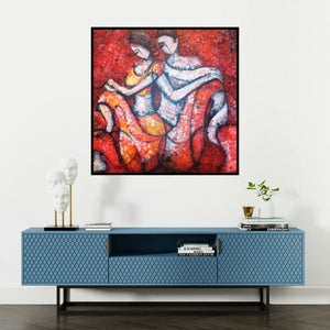 'Fahrenheit' painting by Sarang Singla shown on a wall in a furnished room.