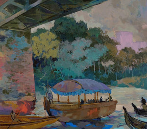 Fairy Boat by Sikandar Mulla, Original Acrylic Seascape Painting on Canvas, Medium Horizontal Wall Art