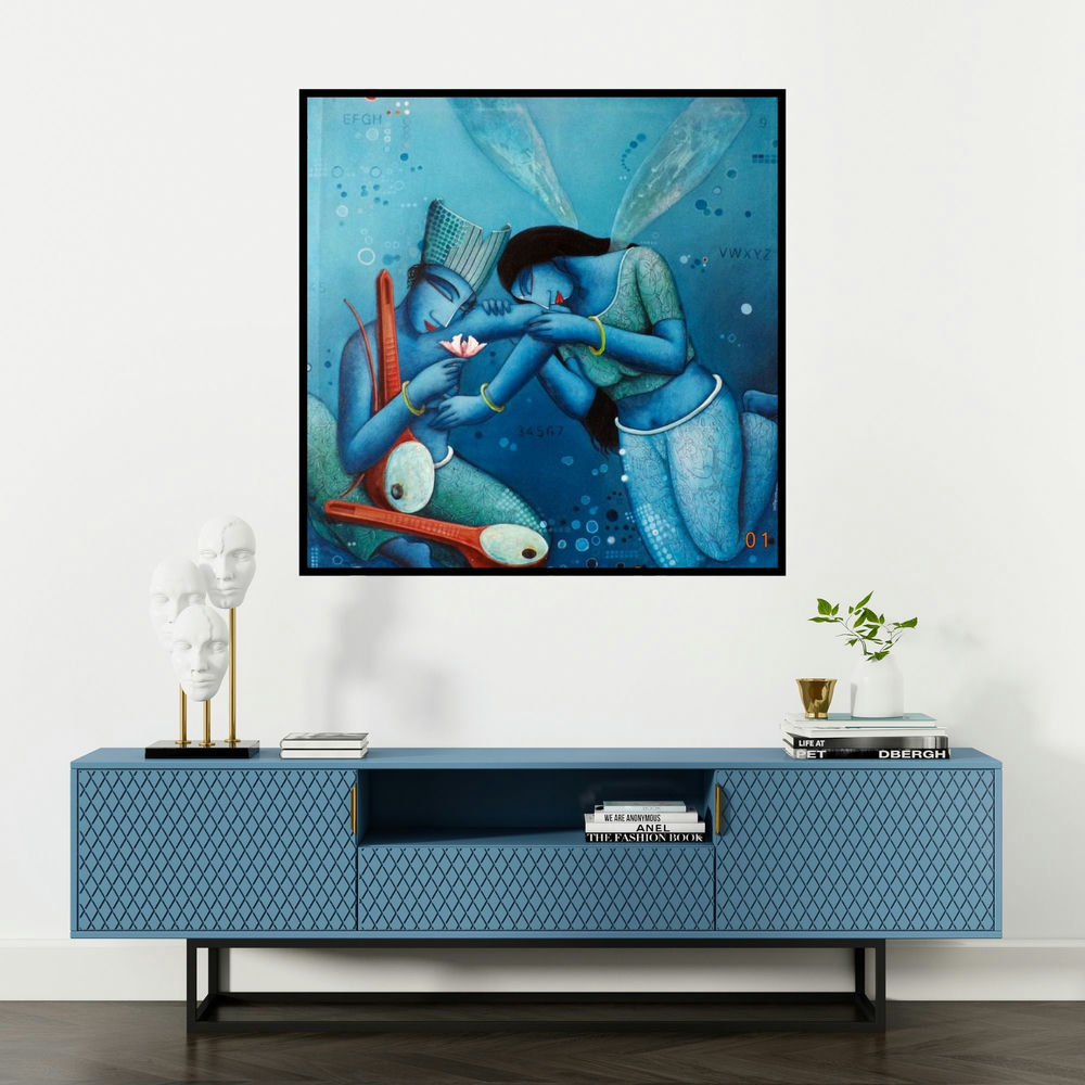 'Fairy Love' painting by Samir Sarkar shown on a wall in a furnished room.