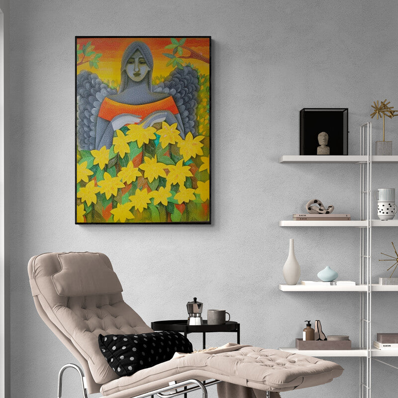 Preview of 'Fairy (Guardian of the Garden)' Painting by Sadaf Beg Khan shown on a wall in a furnished room.