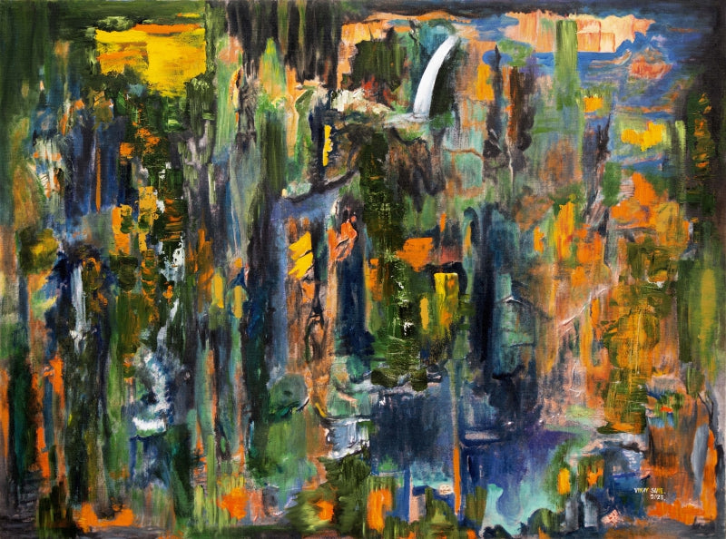The Fairy Tale Jungle' abstract acrylic-oil painting by artist Vinay Sane, 36x48 inch, on canvas