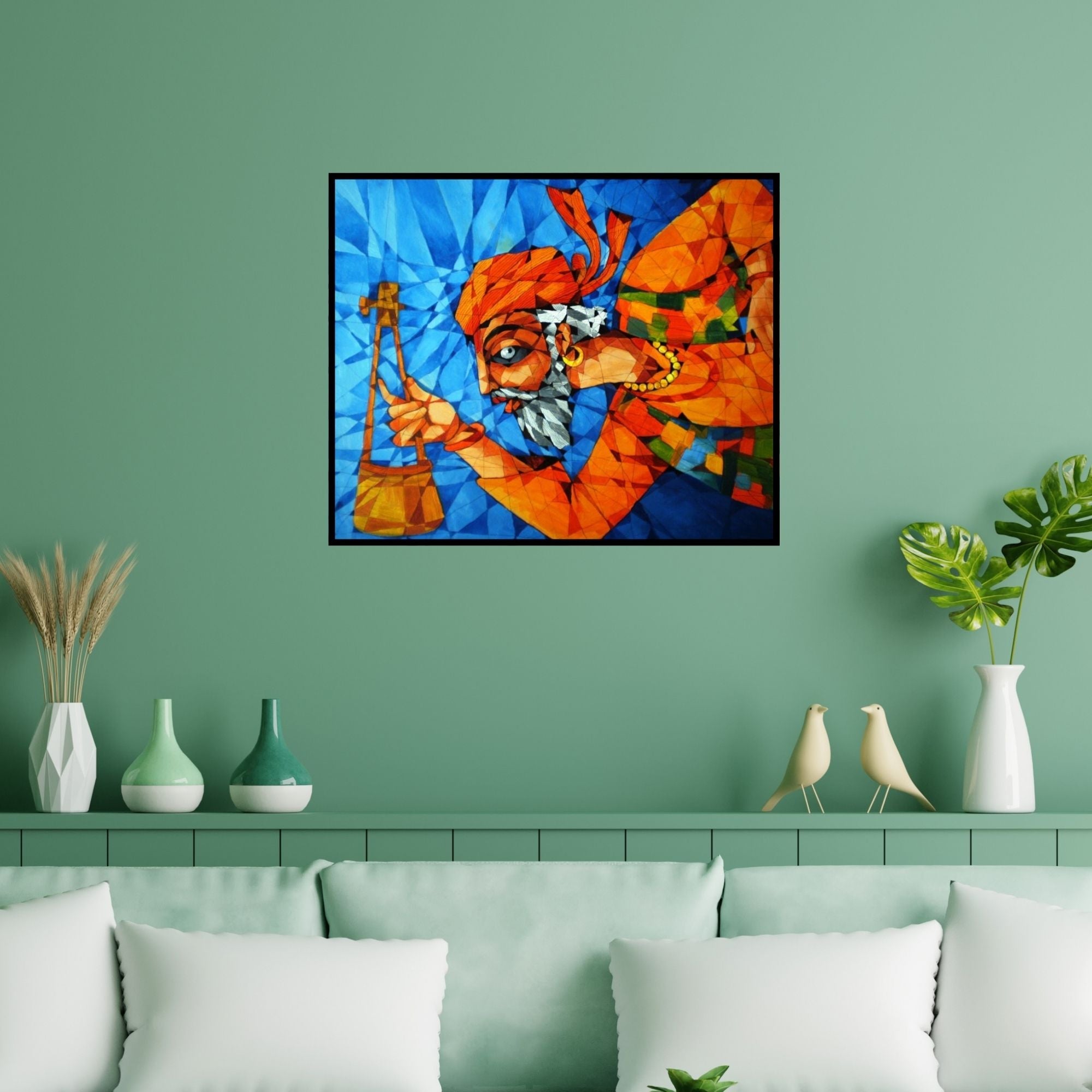 Preview of 'Fakir' Painting by Pradip Goswami shown on a wall in a furnished room.