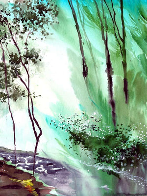 Falling Light by Anil Nene, Original Watercolor Landscape Painting on Paper, Small Vertical Wall Art