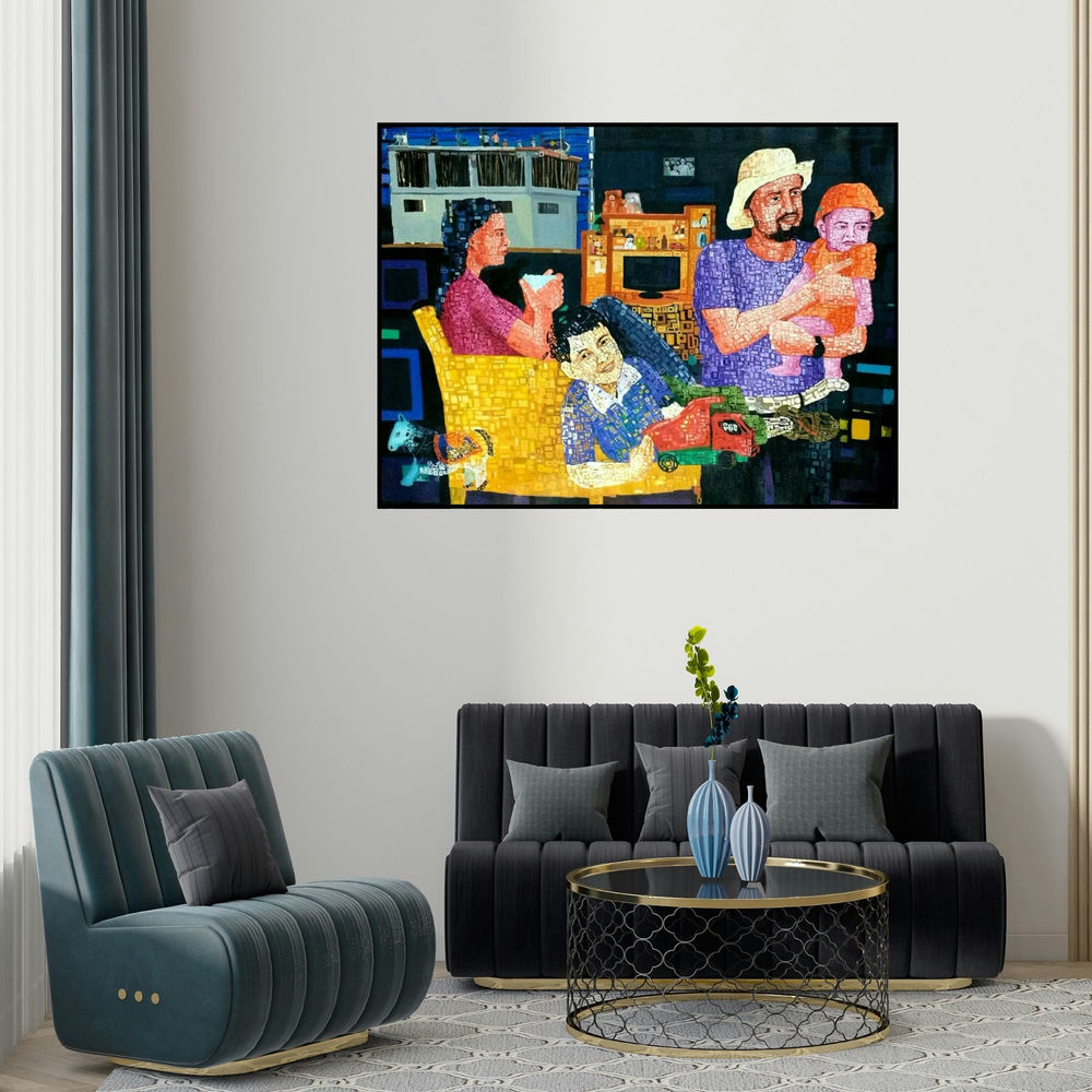 Azizur Rahman's 'A Family (The City in Motion)' painting visualized above a sofa in a contemporary room.
