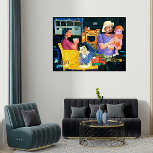 Azizur Rahman's 'A Family (The City in Motion)' painting visualized above a sofa in a contemporary room.