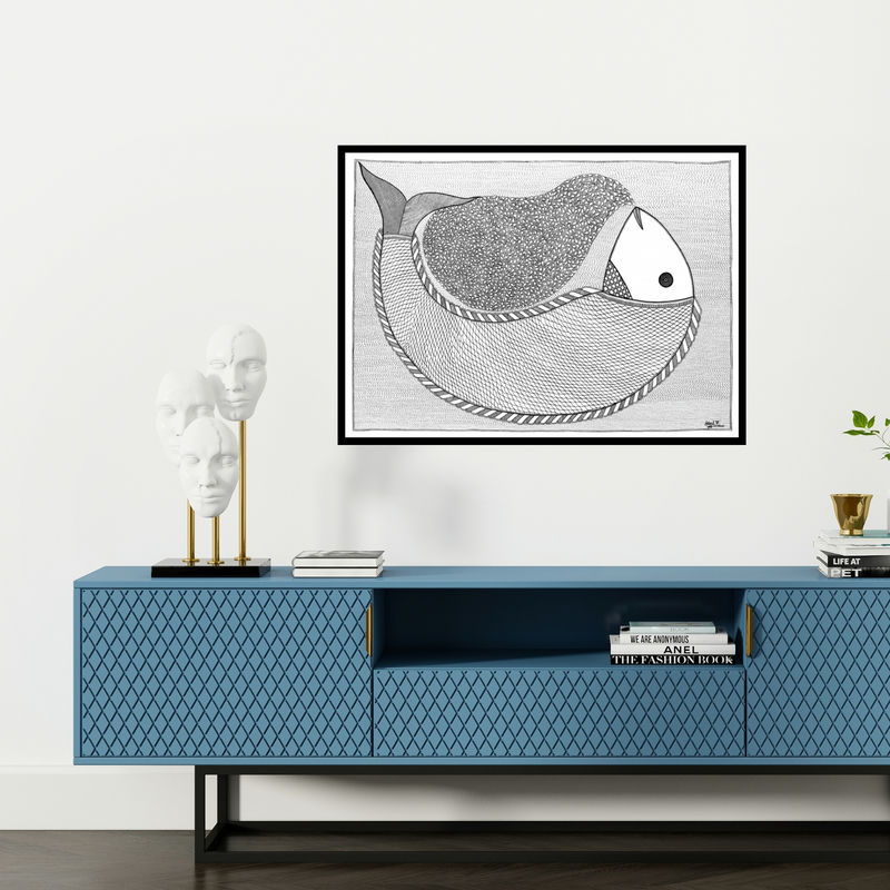 Preview of 'The Family' Painting by Avinash Karn shown on a wall in a furnished room.