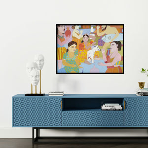 Preview of 'Family' Painting by Shripad Gurav shown on a wall in a furnished room.