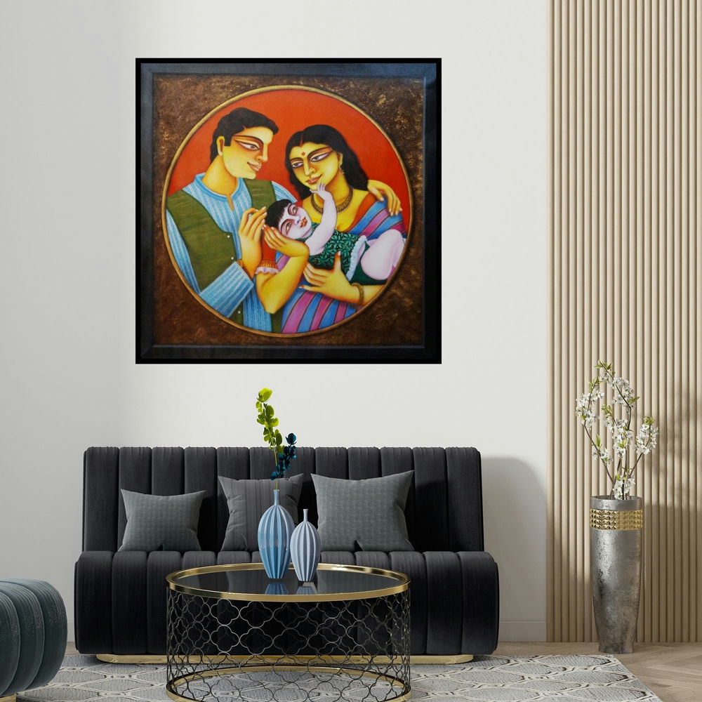 Gautam Mukherjee's 'Family 2' painting visualized above a sofa in a contemporary room.
