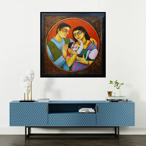 'Family 2' painting by Gautam Mukherjee shown on a wall in a furnished room.