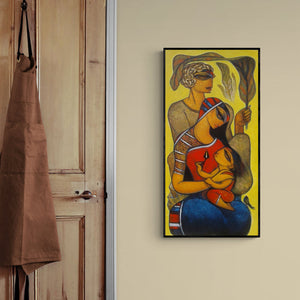 In-situ view of Ramesh Gujar's 'Family 2 (Protective Embrace)' painting in a room