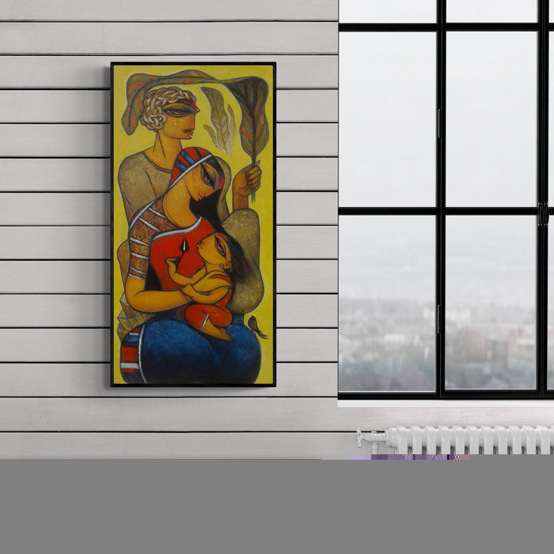 Preview of 'Family 2 (Protective Embrace)' Painting by Ramesh Gujar shown on a wall in a furnished room.