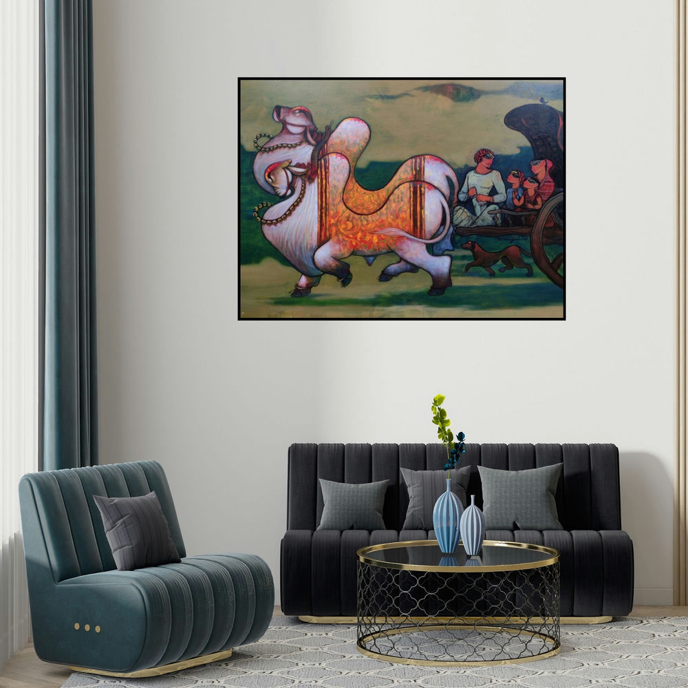 Ramesh Gujar's 'Family (Rustic Journey)' painting visualized above a sofa in a contemporary room.