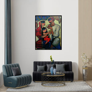 Preview of 'Family 8' Painting by Ramesh Gujar shown on a wall in a furnished room.