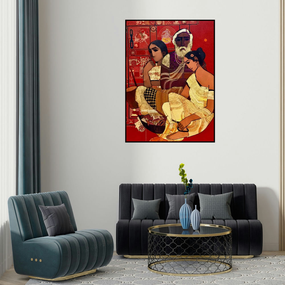 Siddharth Shingade's 'Family' painting visualized above a sofa in a contemporary room.