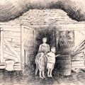 Expressionist charcoal drawing titled 'Family at hut entrance', 11x16 inches, by artist Abhay Gupta on Paper