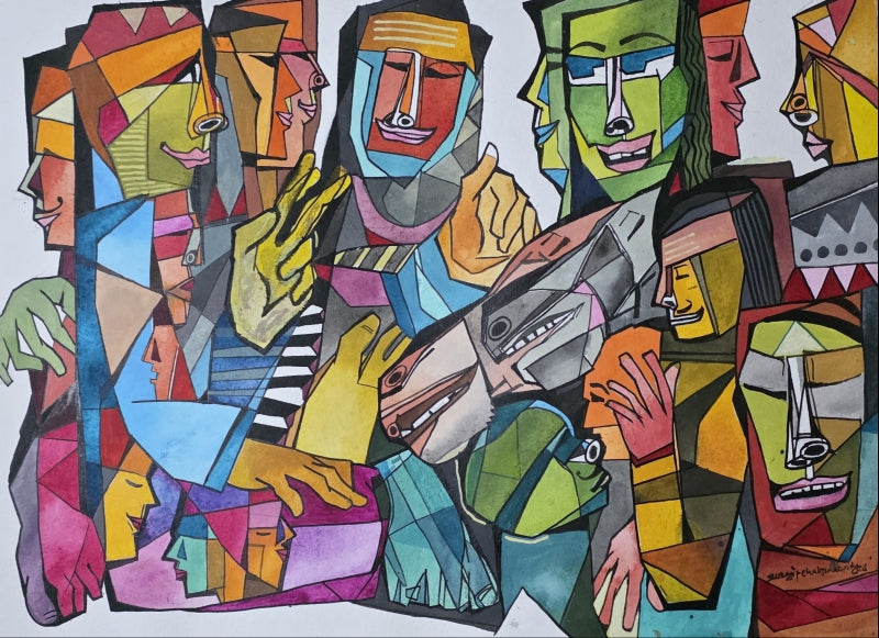 Family Series 2' figurative acrylic painting by artist Srj Surajit Chakraborty, 22x30 inch, on paper