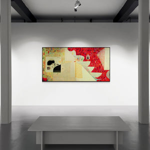 Preview of 'Fantacy Culture Of Bharatvarsha (The Woven Tale)' Painting by Sunil Yadav shown on a wall in a furnished room.