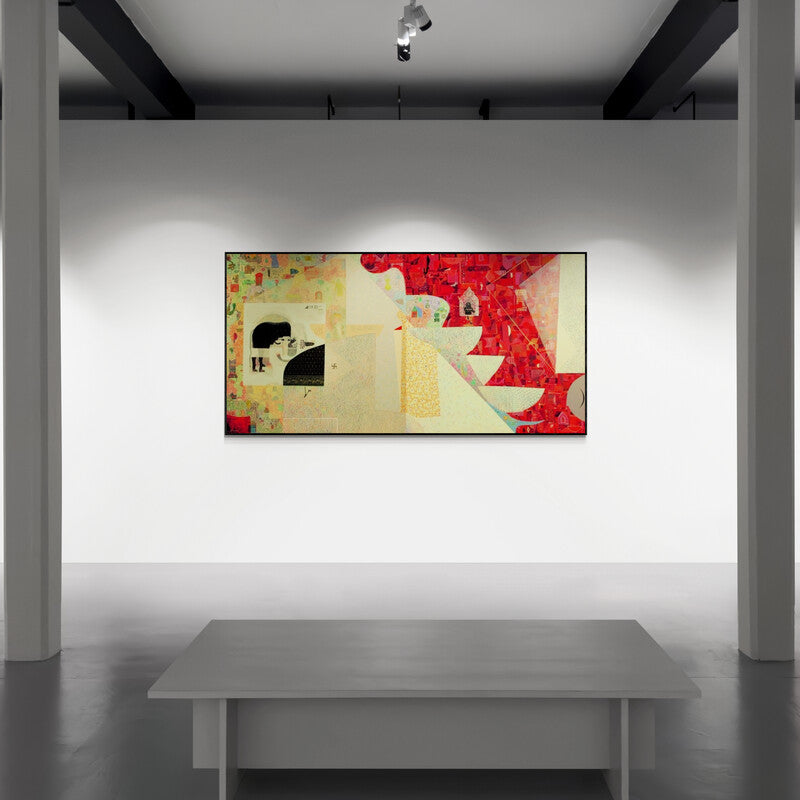 Sunil Yadav's painting 'Fantacy Culture Of Bharatvarsha (The Woven Tale)' displayed in a modern living room setting