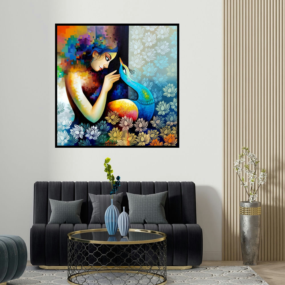 Sanjay Tandekar's 'Fantastic 2 (Woman with Peacock)' painting visualized above a sofa in a contemporary room.