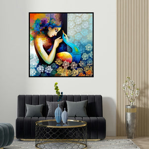 Sanjay Tandekar's 'Fantastic 2 (Woman with Peacock)' painting visualized above a sofa in a contemporary room.