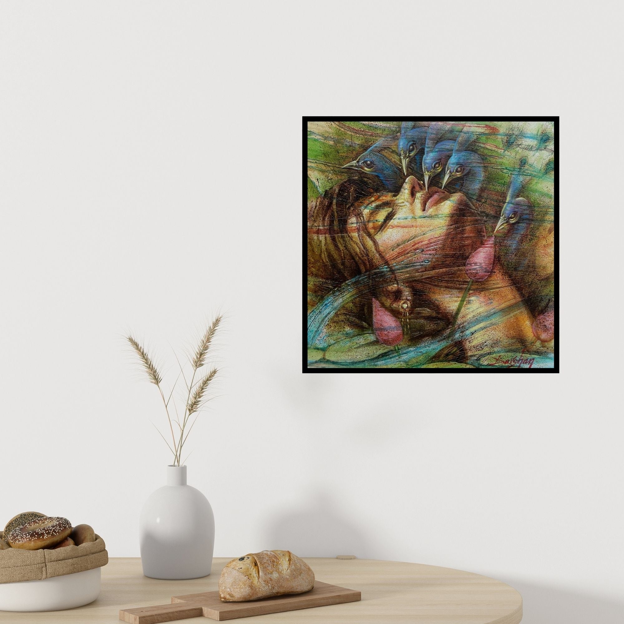 In-situ view of Darshan Sharma's 'Fantasy 2 (girl with peacock)' painting in a room