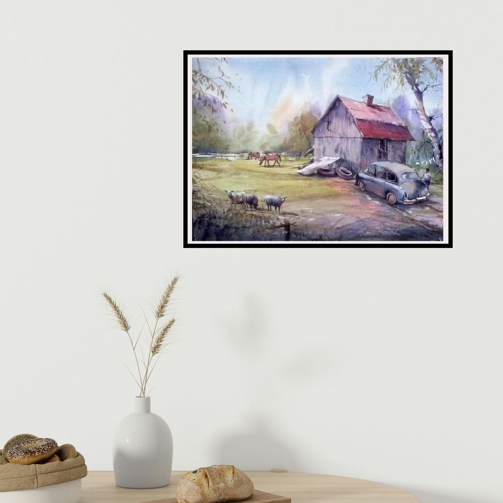 Amit Kapoor's 'Farm' painting visualized above a sofa in a contemporary room.