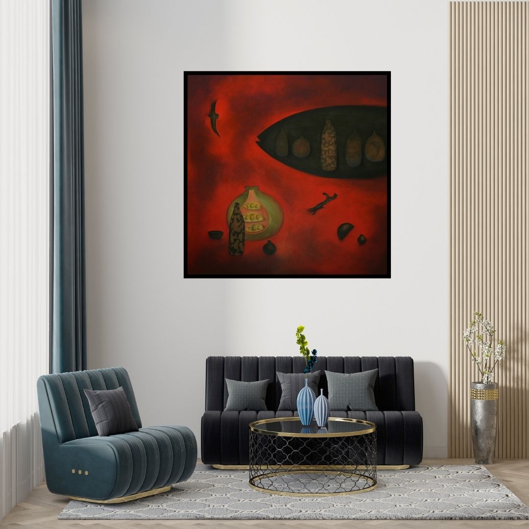 Preview of 'Farmer 1 (Elements of Creation 2)' Painting by Pravin Shinde shown on a wall in a furnished room.