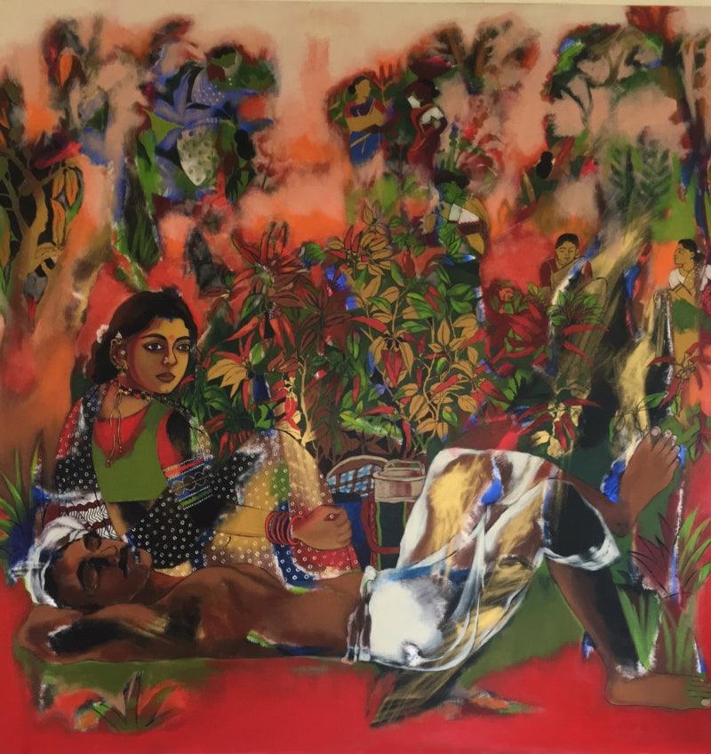Farmer Couple In Chilli Farm (Figures in a Landscape) by Anjani Reddy, Original Acrylic Figurative Painting on Canvas, X-Large Square Wall Art