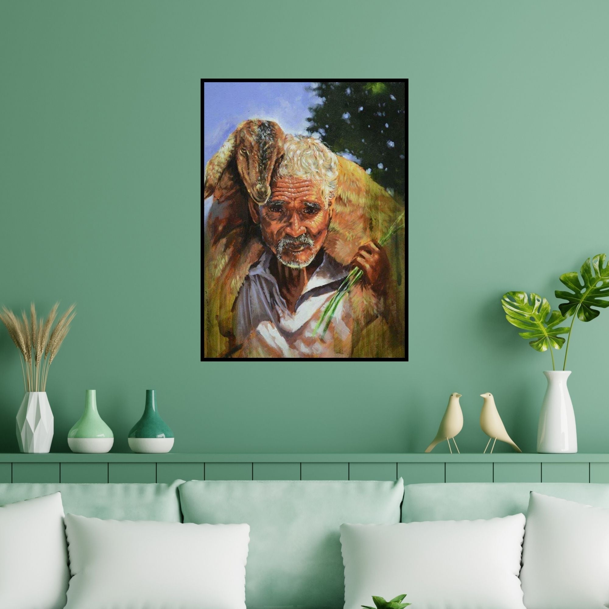 Preview of 'Farmer With Goat' Painting by Jitendra Gaikwad shown on a wall in a furnished room.