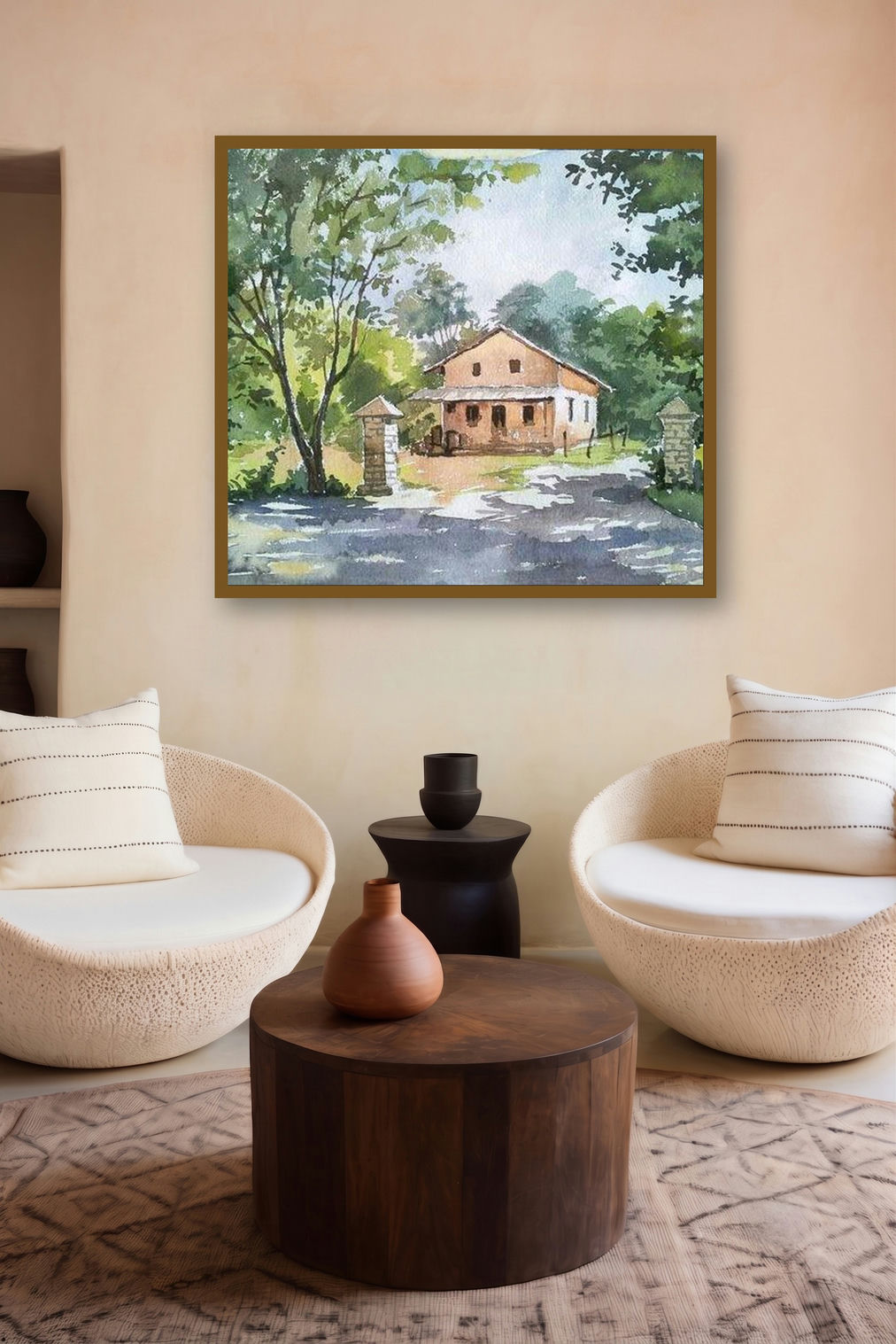 Farmhouse (Idyllic Retreat) by artist Gaurishankar Behera displayed in a Contemporary gallery