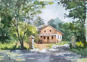 Farmhouse (Idyllic Retreat) by Gaurishankar Behera, Original Watercolor Landscape Painting on Paper, Small Horizontal Wall Art