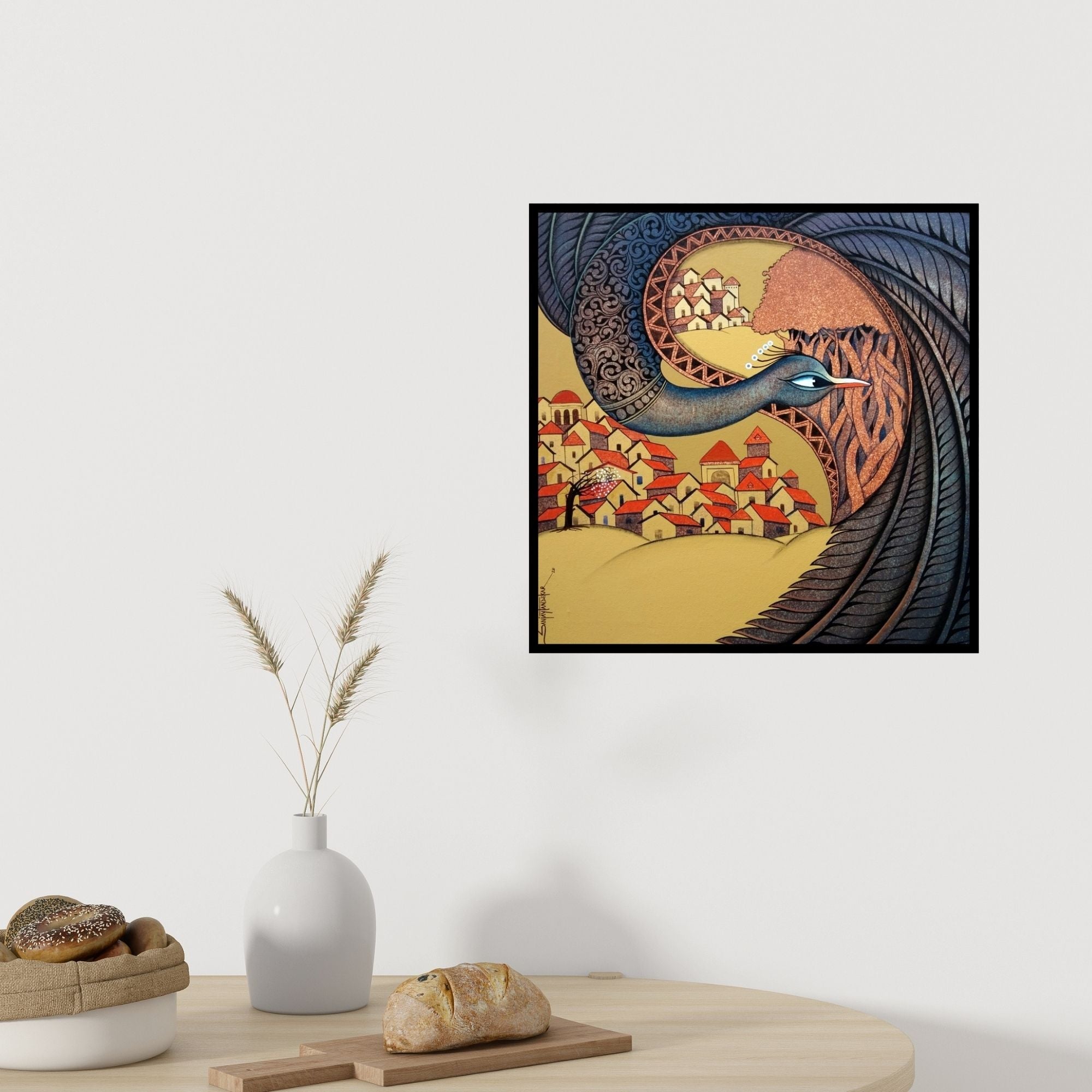 In-situ view of Sanjay Tandekar's 'Fascination 4 (Peacock and Village)' painting in a room