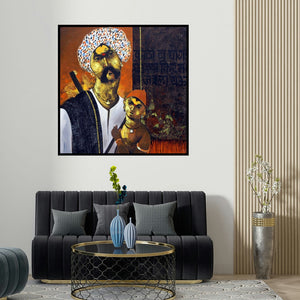 Raosaheb Gurav's 'Father And Son' painting visualized above a sofa in a contemporary room.