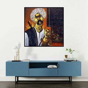 'Father And Son' painting by Raosaheb Gurav shown on a wall in a furnished room.