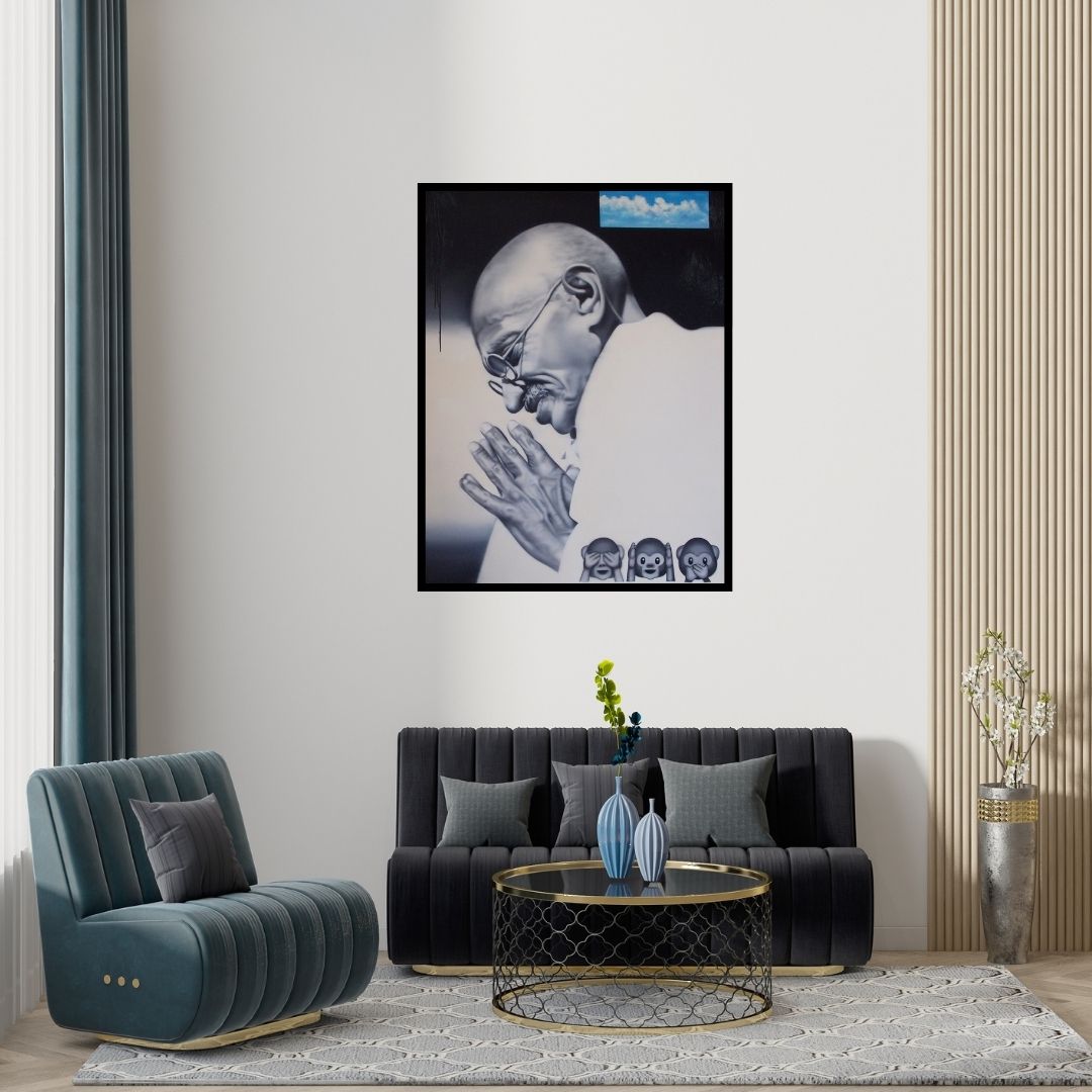 Preview of 'The Father Of Nation (Gandhi's Silent Plea)' Painting by Abid Shaikh shown on a wall in a furnished room.