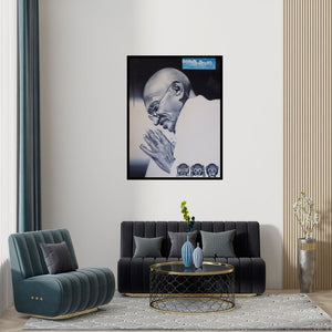 Preview of 'The Father Of Nation (Gandhi's Silent Plea)' Painting by Abid Shaikh shown on a wall in a furnished room.