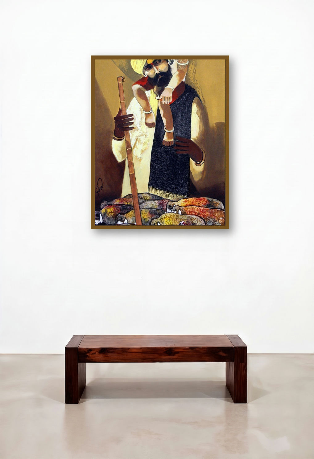 Father Shepherd (Pastoral Guardians) by artist Raosaheb Gurav displayed in a Modern Family Room