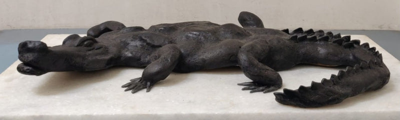 Fear' animals Stone sculpture by artist Shibu Sengupta, 13x24 inch, on stone