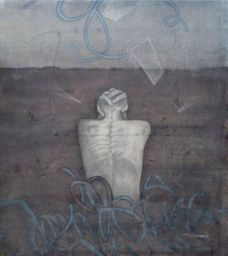 contemporary mixed media painting titled 'Fear To Defeat', 48x43 inches, by artist Satyabrata Adhikary on Canvas