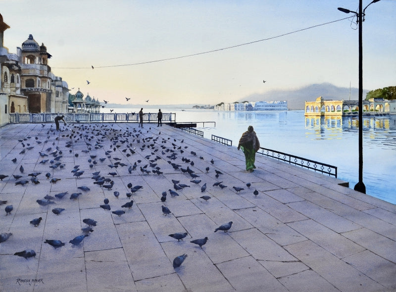 'Feast By The Lake' cityscape watercolor painting by artist Ramesh Jhawar, 21x29 inch, on paper