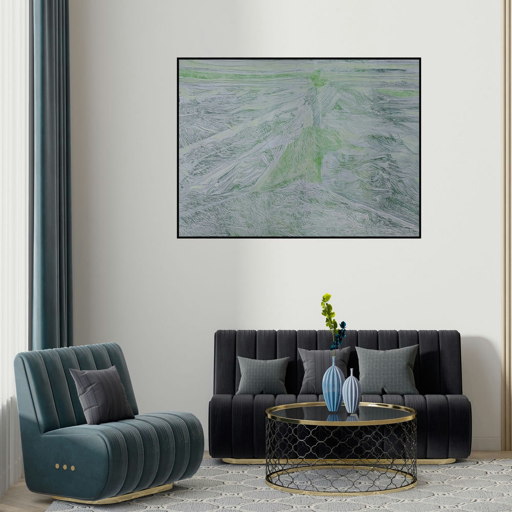 Suhani Jain's 'Feeling Line 18 (Verdant Tranquility)' painting visualized above a sofa in a contemporary room.